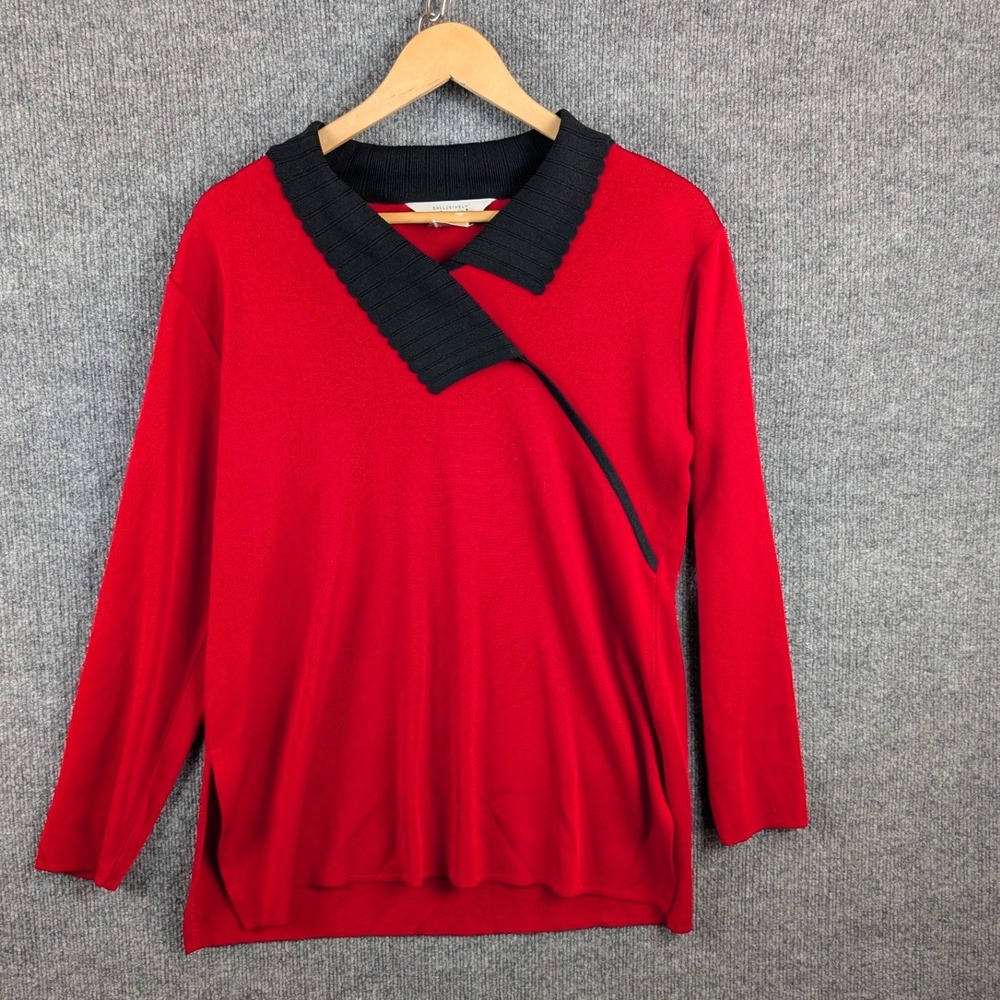 Exclusively Misook Sweater M Red Black Knit Top Asymmetrical Collar Long Sleeve